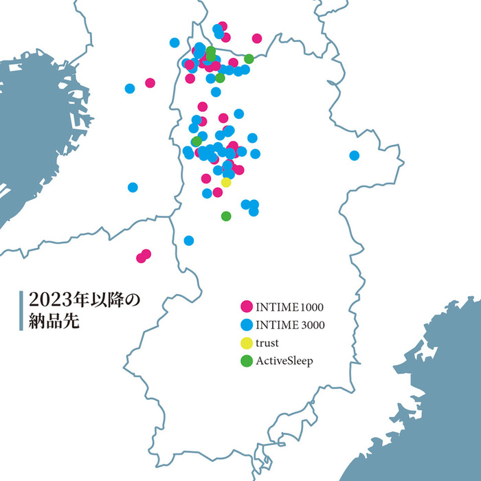 2023年以降のパラマウントベッド納品事例を地図にプロットしたもの